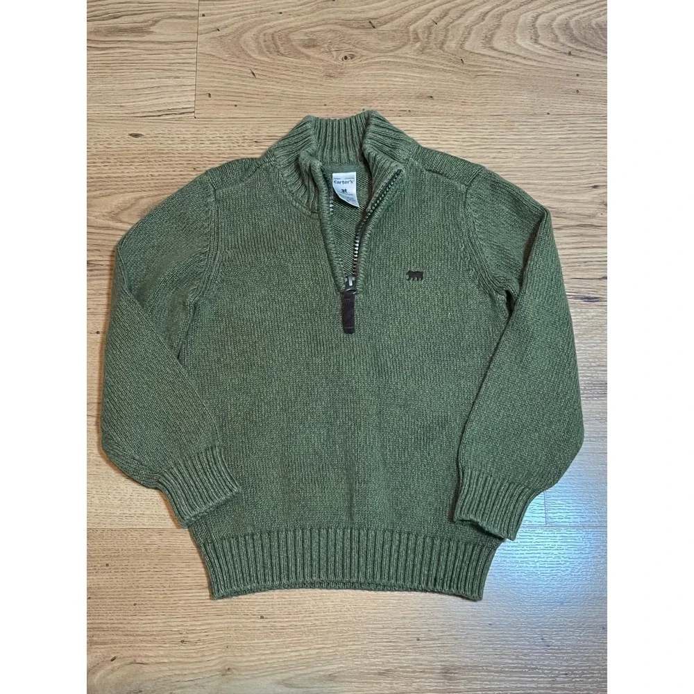Carter's Quarter Zip Sweater Toddler 3T Olive Green Bear Logo Cotton Winter
